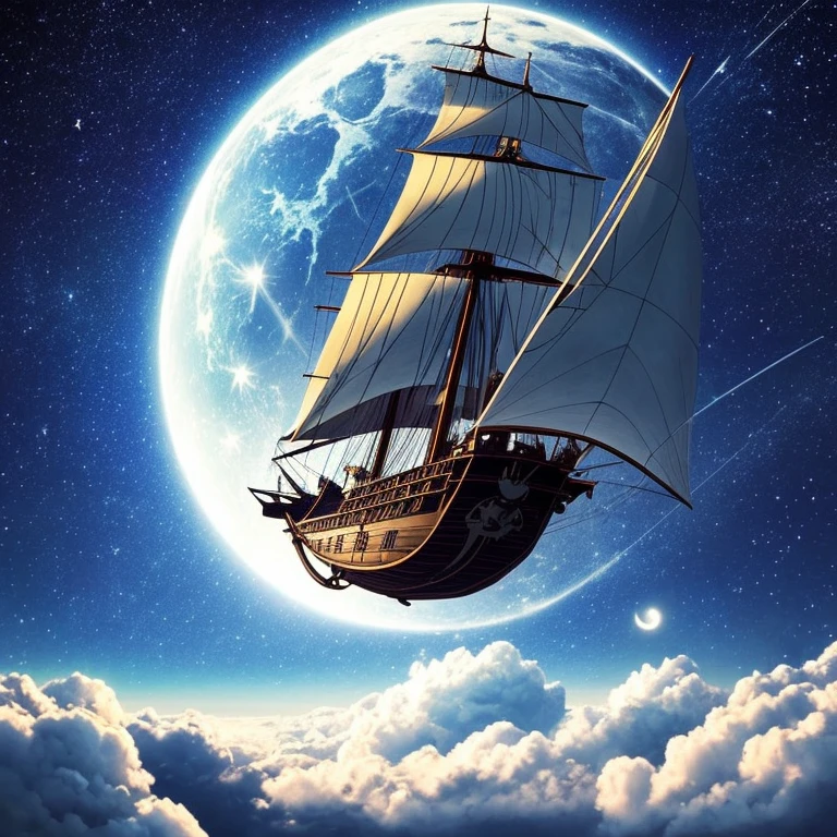 A sky-pirate airship flying through the nighttime sky. The night is full of stars. The pirate ship is sailing on clouds. The shadow of a dragon is in the distance.