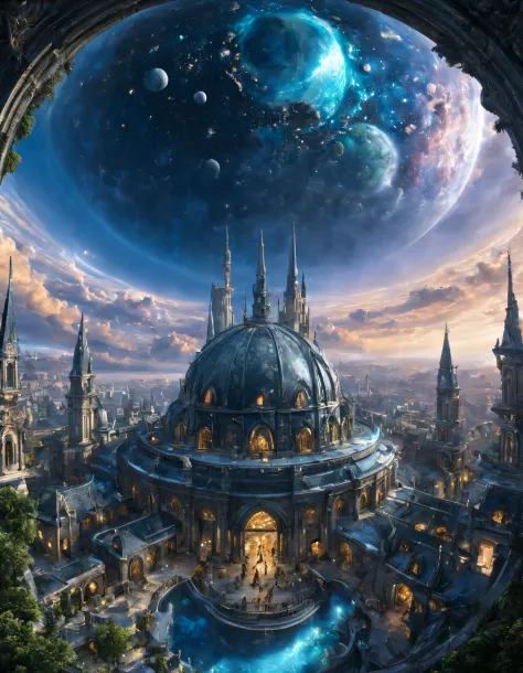 Utopian world: fantasy city inside a dome, 360 degree flip, Humans and fantasy creatures coexist harmoniously, Creatures are ver...