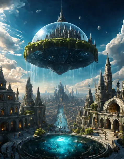 Utopian world: fantasy city inside a dome, 360 degree flip, Humans and fantasy creatures coexist harmoniously, Creatures are ver...