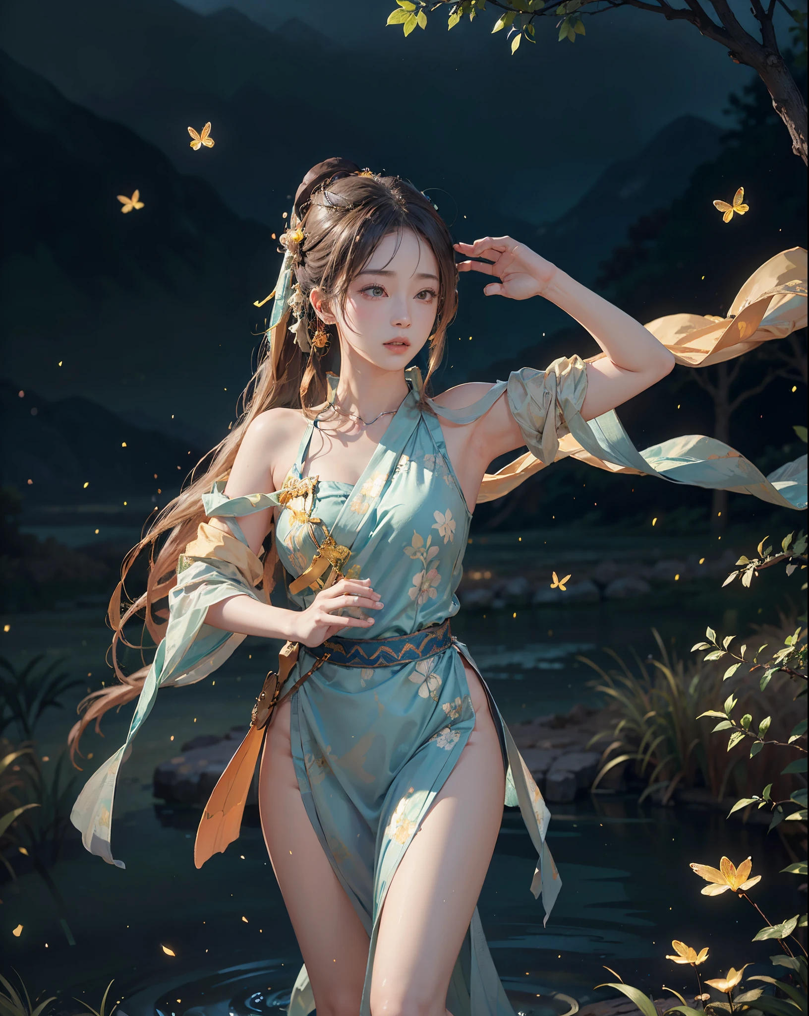 (8k, RAW photo, best quality, masterpiece:1.2), (realistic, photo-realistic:1.4), (extremely detailed CG unity 8k wallpaper), 1 girl solo, dance, dunhuang_dress, dunhuang_style, dunhuang_background, the heavenly garden full of sakura, fireflies,