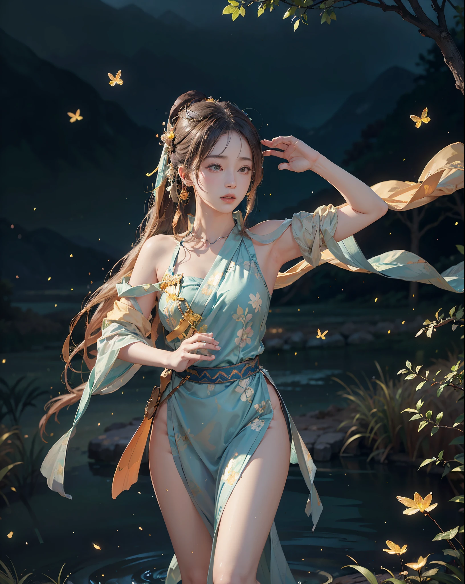 (8K, Foto CRU, melhor qualidade, obra de arte:1.2), (realista, photo-realista:1.4), (extremely detailed CG unity 8K wallpaper), 1 garota sozinha, dança, Dunhuang_vestir, Dunhuang_estilo, Dunhuang_fundo, o jardim celestial cheio de sakura, vagalumes,