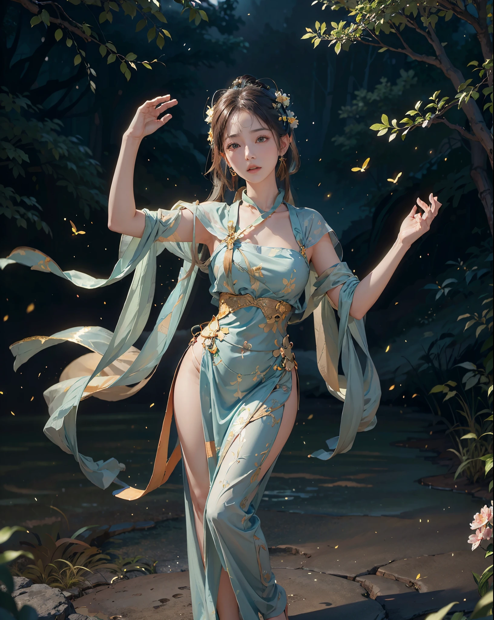 (8K, RAW 사진, 최고의 품질, 걸작:1.2), (현실적인, photo-현실적인:1.4), (extremely detailed CG unity 8K wallpaper), 1 소녀 솔로, 춤, 둔황_드레스, 둔황_스타일, 둔황_배경, 사쿠라가 가득한 천상의 정원, 반딧불이,