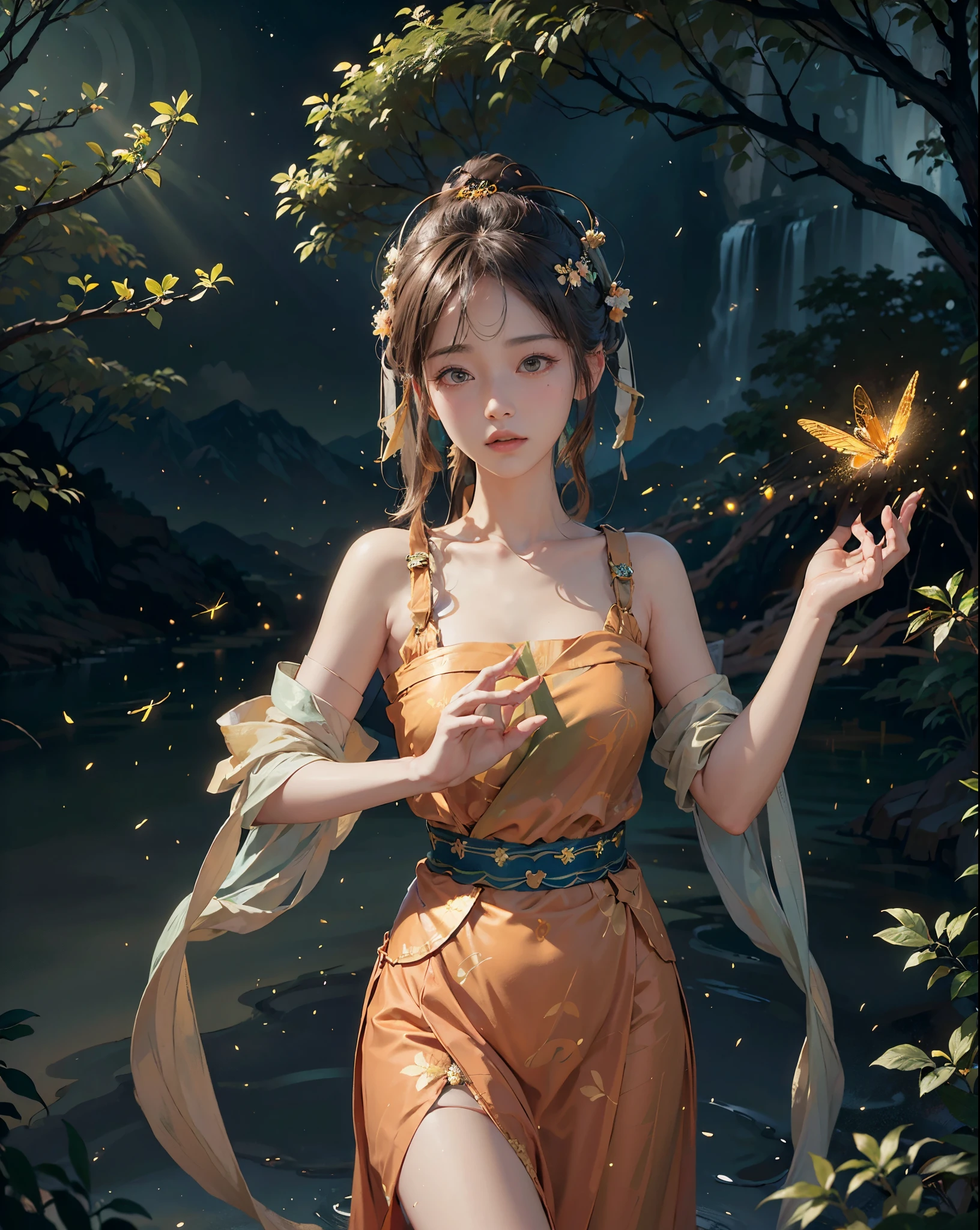 (8K, foto cruda, mejor calidad, obra maestra:1.2), (Realista, photo-Realista:1.4), (extremely detailed CG unity 8K wallpaper), 1 girl solo, bailar, dunhuang_vestido, dunhuang_Estilo, dunhuang_fondo, el jardín celestial lleno de sakura, Luciérnagas,