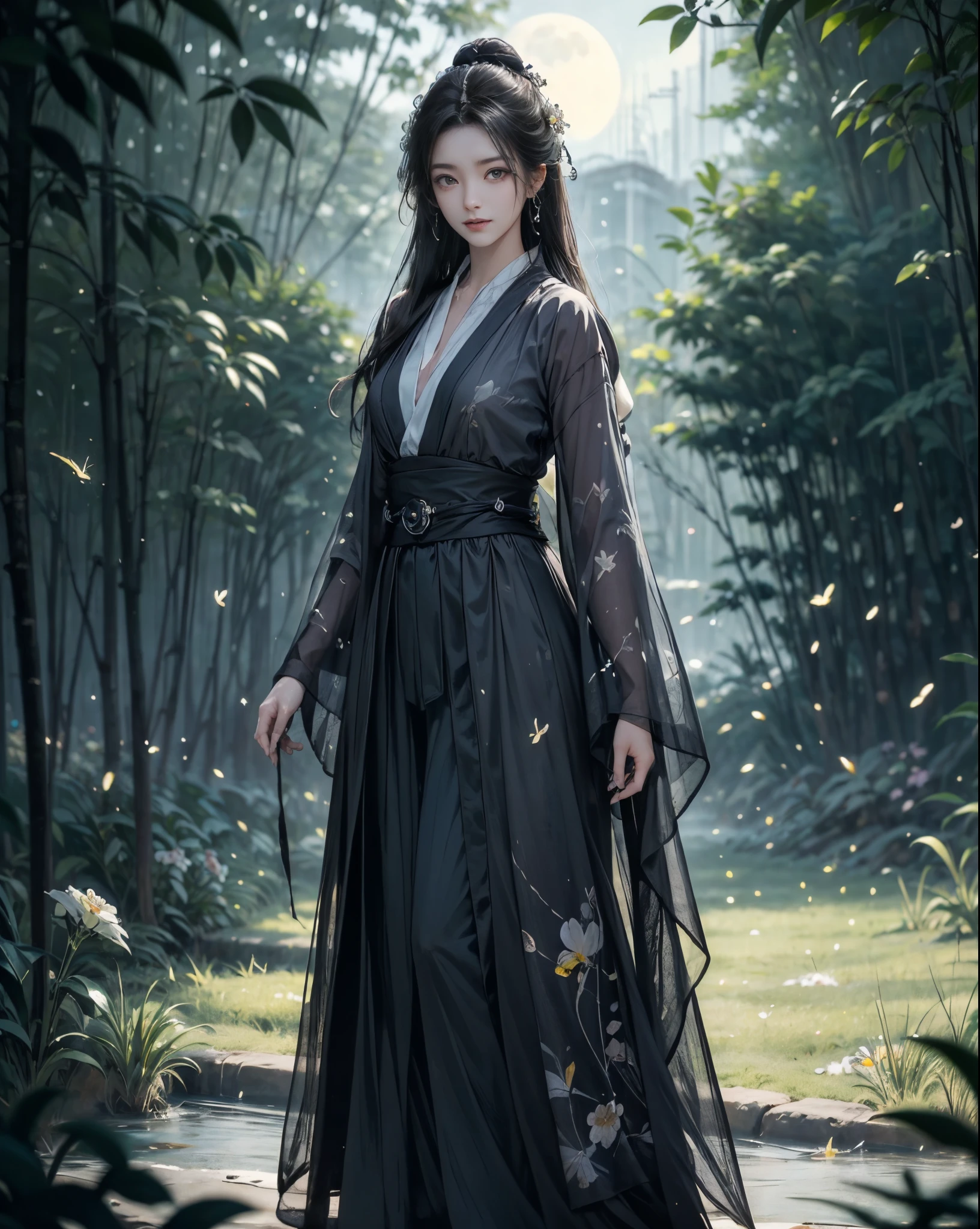 Medium breast, A girl standing against a background of moonlight and a sea of flowerore elegant and dusty，a person々Let yourself be immersed in this beautiful picture。Her every move is like a beautiful dance.，As if melting into this sea of flowers，Expressing the beauty of ancient style, fireflies