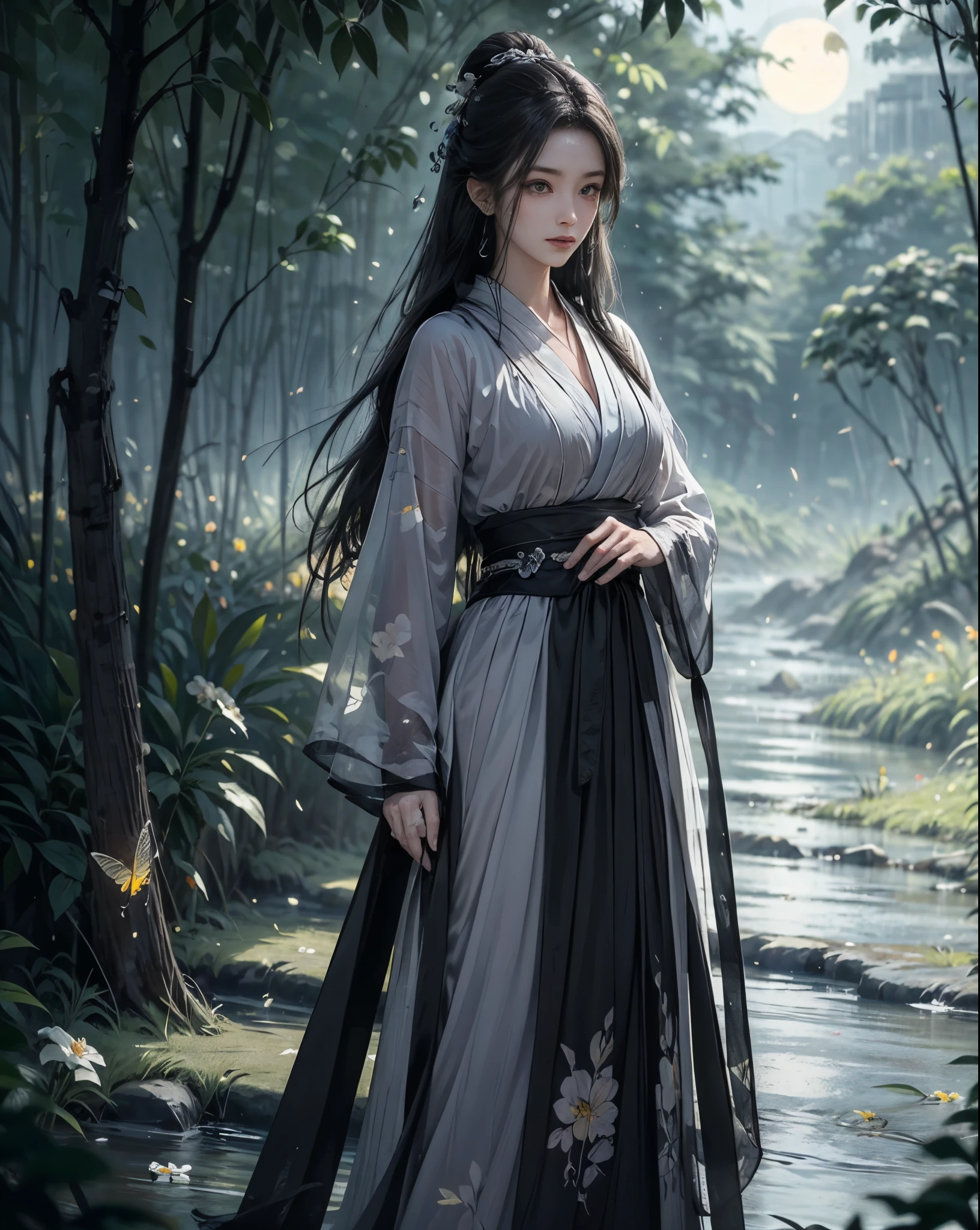 Medium breast, A girl standing against a background of moonlight and a sea of flowerore elegant and dusty，a person々Let yourself be immersed in this beautiful picture。Her every move is like a beautiful dance.，As if melting into this sea of flowers，Expressing the beauty of ancient style, fireflies