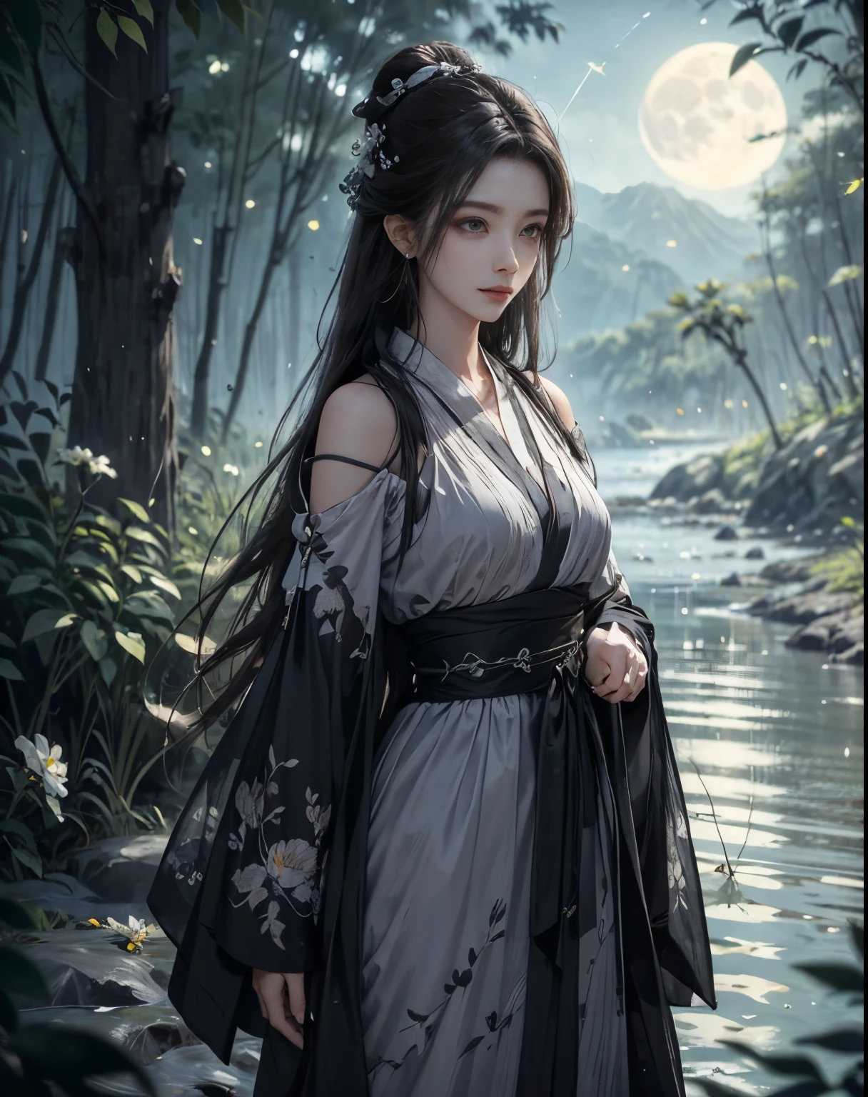 Moon, Medium breast, off shoulder, A girl sit on a rock against a background of moonlight and a sea of flowerore elegant and dusty，Her every move is like a beautiful dance，As if melting into this sea of flowers，Expressing the beauty of ancient style, fireflies, dark forrest,