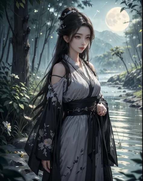 Moon, Medium breast, off shoulder, A girl sit on a rock against a background of moonlight and a sea of flowers，more elegant and ...