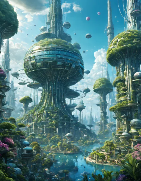 A utopian world of art and creativity，Humans, animals and plants live in harmony, Artificial Intelligence and the Imagination of the Singularity, Intricately detailed, maximalist, Perfect flow of energy, A futuristic, Utopian, The is very detailed, Future ...