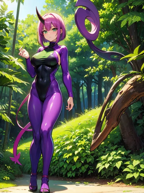 Full body portrait, Standing, background jungle in day, purple hair, Bob hair, Green ninja outfit, Pad gear, Green Eyes, Devil h...