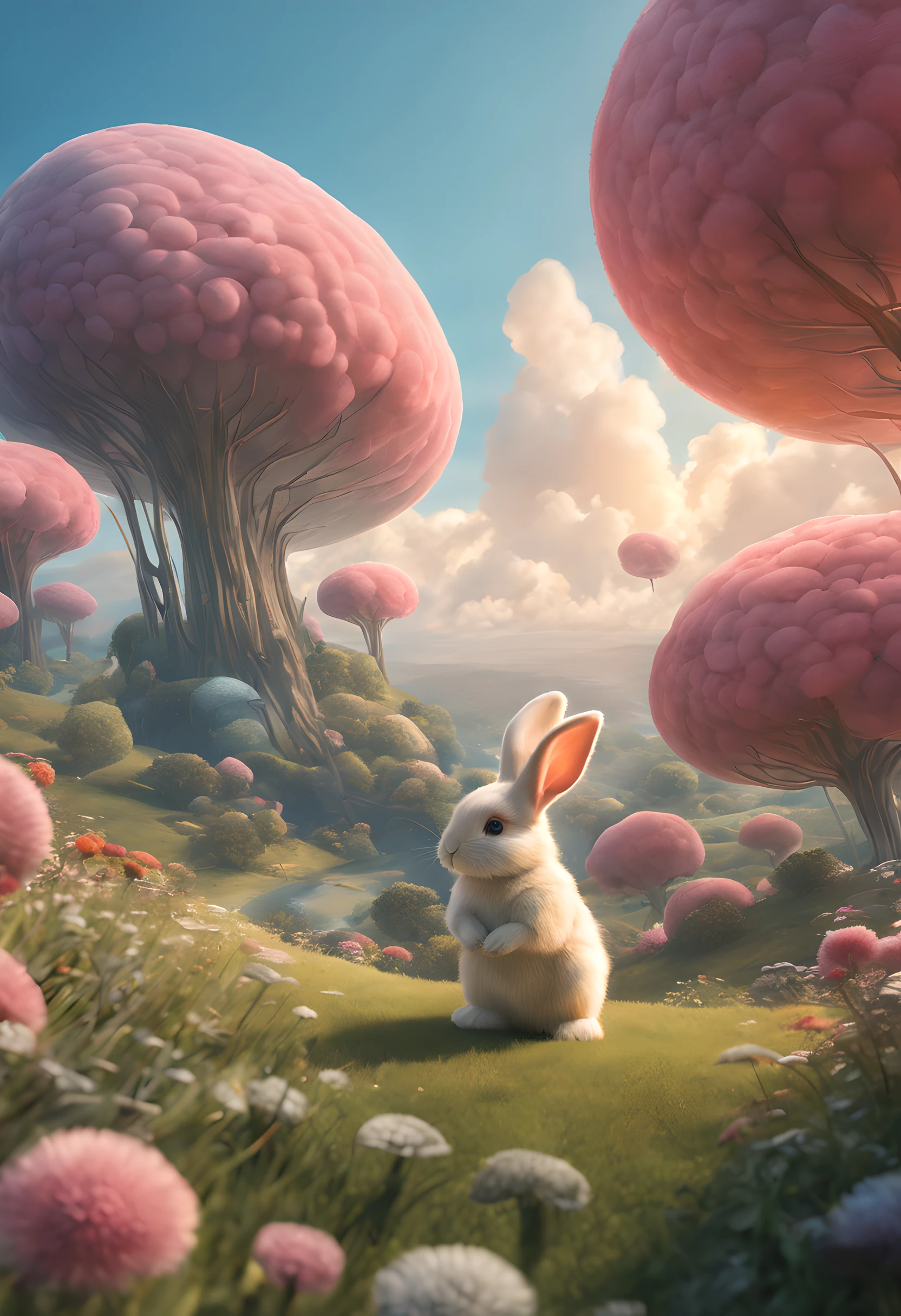 (best quality,4k,8k,highres,masterpiece:1.2),ultra-detailed,(realistic,photorealistic,photo-realistic:1.37), dynamic illustration, utopian bunny world, humans living happily, cute atmosphere, sci-fi elements, nature, clouds, vibrant colors, soft lighting, surreal scenery