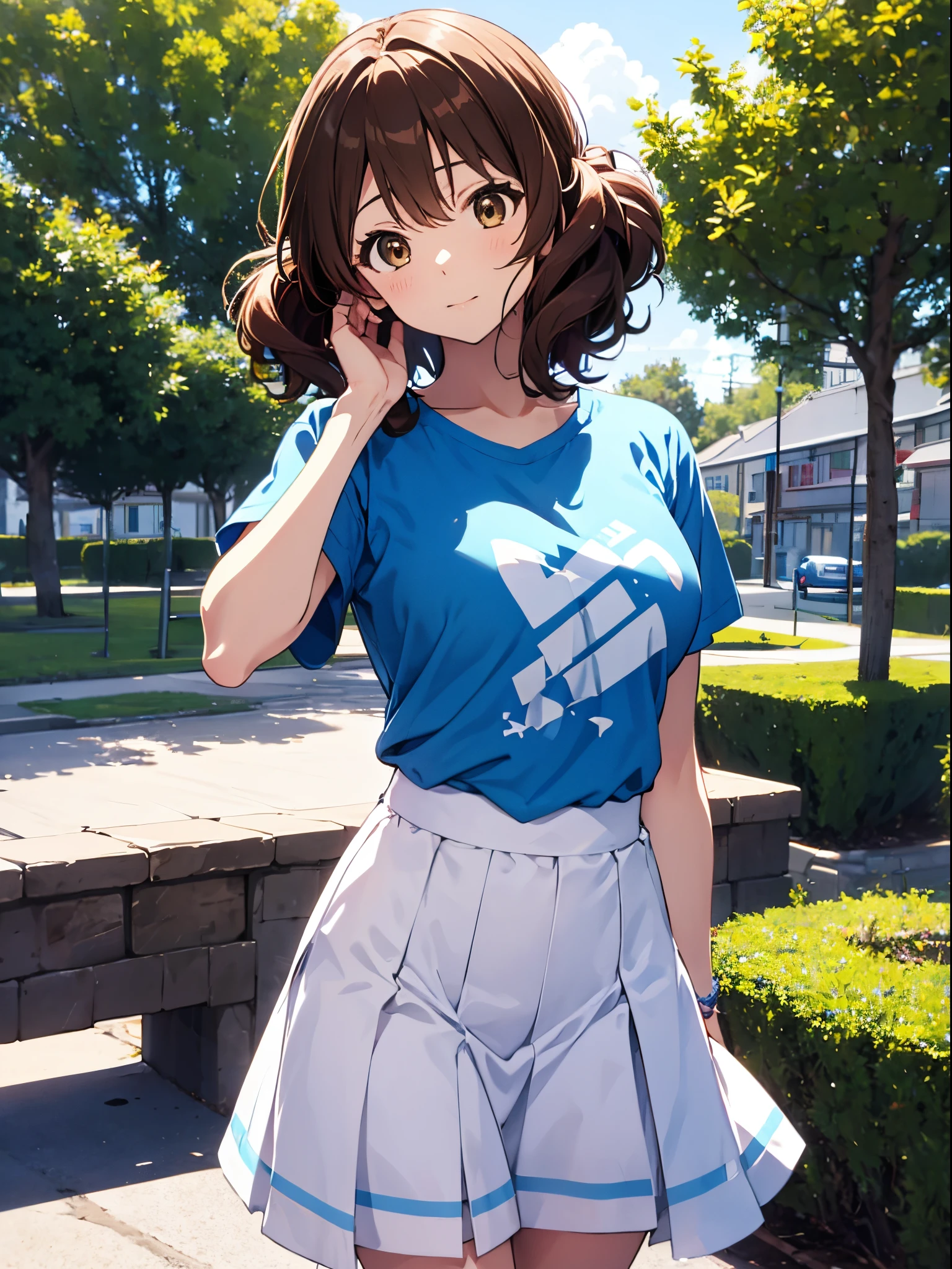 NSFW ４ｋqulity, 独奏、top-quality, Kumiko Omae, Brown-eyed, Standing、Short_hair, subminiature_Breast,）a park　、Kumiko　１６age　sexypose　Bewitching、Light blue T-shirt、dress figure,front-facing view、The absolute standard is the center of the navel、