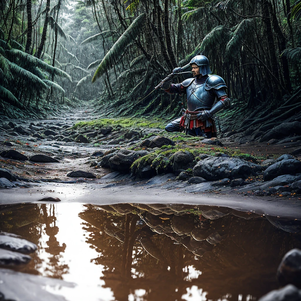 um conquistador acidentado com um olhar decidido, emerge da densa floresta amazônica no início do século XVI.
Era: Início do século XVI
Atuendo: Armadura de couro desgastada refletindo as duras condições da expedição.
Localização: Densa selva --ar9-16