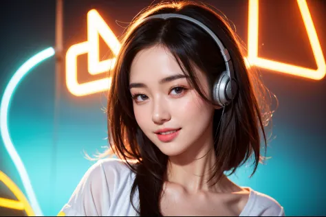 1girl, beautiful girl, perfect face, wink right eye,wearing headphone, , listining to music, neon background, tight cotton shirt...