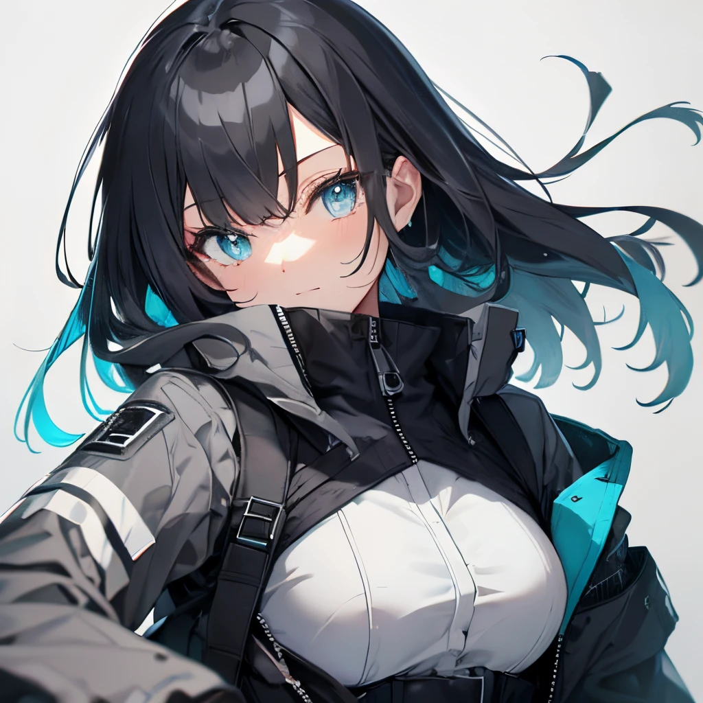 (masutepiece:1.2, Best Quality),  [girl, Manteau, expressioness, Turquoise eyes, front facing, jet-black hair, Jacket comes off, Upper body] (Gray white background:1.7),