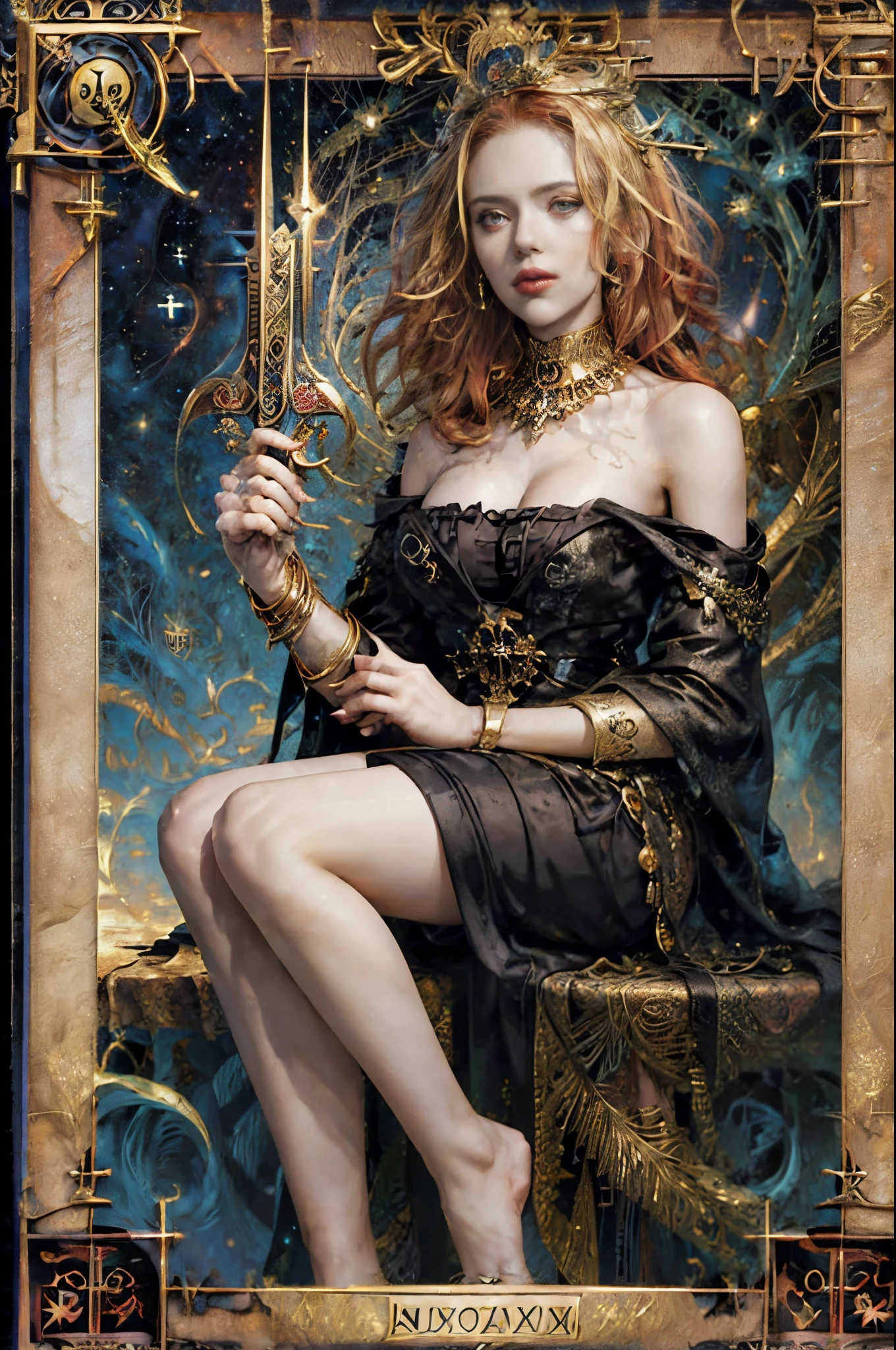 cartes de tarot，Bordure complète du tarot，(Image entourée d&#39;une bordure de style carte de tarot:1.8), ，Enfers，La Faucheuse armée d&#39;une faux géante，(par Scarlett Johansson （Scarlett Johansson）jouer）Habillé en：toge noire，aux cheveux roux bouclés，mythologie romaine，Fond d&#39;écran 8k,Yeux de bonne qualité，visage délicat，main correcte， ultra - détaillé, Beau et beau, chef-d&#39;œuvre, La meilleure qualité au mieux, Le est très détaillé, angle dynamique, tir de cow-boy, Le chaos dans sa plus belle forme, élégant, Conception fauviste, couleurs vives, le romantisme gisait, Enfer,  volcans，Magma，crânes, sangs，Schiller，faux à la main，style vintage，（Emmêlé，datura，enchevêtrements，enEmmêlé）， (l&#39;art fractal: 1.3)，lumière divine，feuille d&#39;or，Art de la feuille d&#39;or，Dessin flash，Bordure complète du tarot，（lunette complète 1.5），Fang Yi，（centré sur la frontière：1.8）