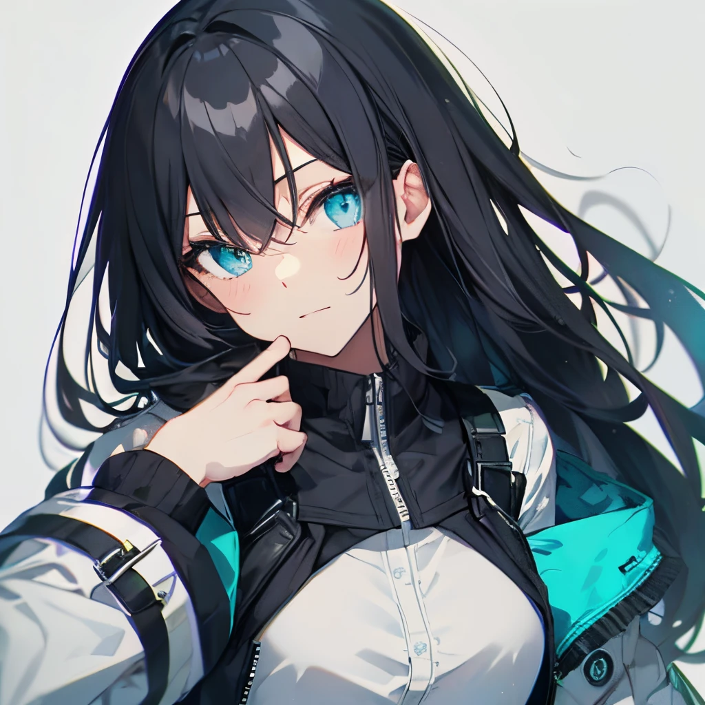 (masutepiece:1.2, Best Quality),  [girl, Manteau, expressioness, Turquoise eyes, front facing, ash gray black hair, Jacket comes off, Upper body] (Gray white background:1.7),