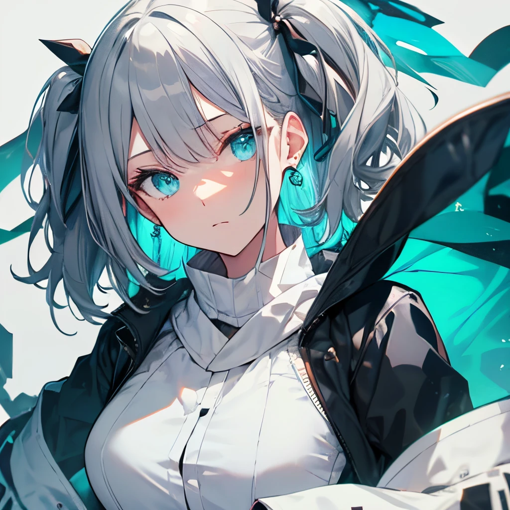 (masutepiece:1.2, Best Quality),  [girl, Manteau, expressioness, Turquoise eyes, front facing, ash gray hair, Jacket comes off, Upper body] (Gray white background:1.7),