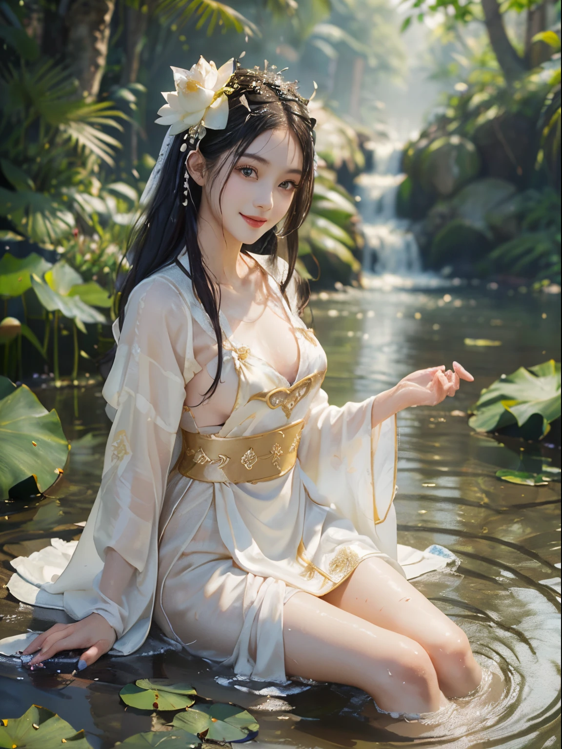 (Beautiful detailed face, youth female model, sweet ancient costume girl, white hanfu, deep V-neck, full chest, playing in the river, lotus, fully soaked, masterpiece, best quality, extremely detailed description, super fine painting, exquisite face, slim figure, long legs, smile, radiant smile)