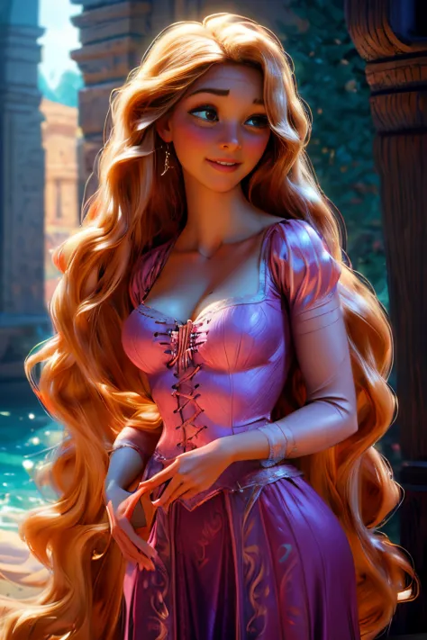 (best quality,masterpiece:1.2),1girl,ass view,curly hair,red wavy hair,big smile,Rapunzel Wet and shiny wet exposed clevage with big breast long hair, intricate, elegant, highly detailed, digital painting, artstation, concept art, smooth, sharp focus, illu...