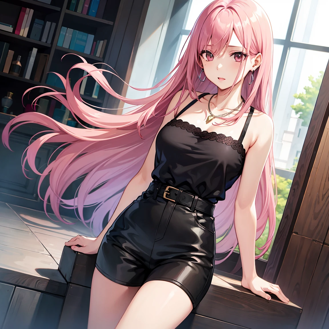 1 girl, solo, pink hair, brown eyes, fashionable, double-parted bangs, long hair, (mature female, mature:0.8), (pixiv:1.4), high quality, mole under eye, silver deep plunge top, high waist black shorts, earrings, necklace, lipstick, glass walls