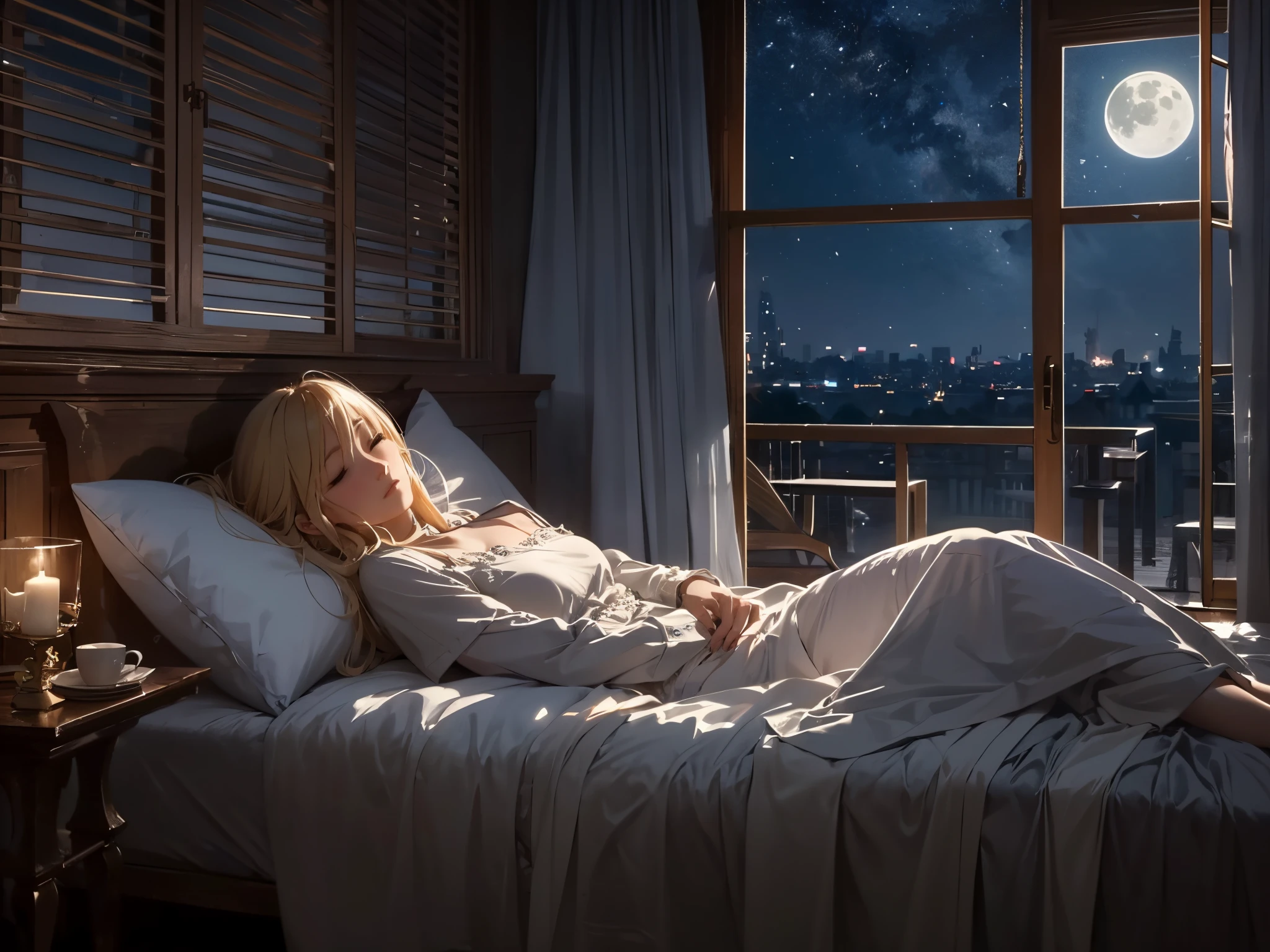(​masterpiece),(top-quality:1.2),1girl in,(masuter piece:1.3),exquisitedetails, Highest quality 8K resolution, Ultra-detailed, Realistic, (Melody Mark:1.2),Vibrant colors, Soft tones, With warm and gentle lighting,In a serene, Long blonde woman sleeping on bed in bedroom. Her eyes, Quietly closed, The air of silence in the room. Outside, From a nearby window, appearing。 (Night Moon), Painting the world with a gentle glow, Midnight Dawn. Inside, The room is dimly lit, (Dim lighting) aura, Enveloped in the silence of the moonlight. This atmosphere, accompany (Gentle night air), Quietly flowing around, Enveloping a woman wrapped in a cocoon of silence、Rest in peace、An air of silence