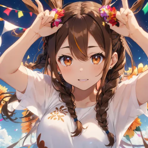 Fluffy hair,((brown haired)),((Twin hair braided short hair)),((Brown eyes)),((Hurray pose with both hands raised)),(Festive moo...