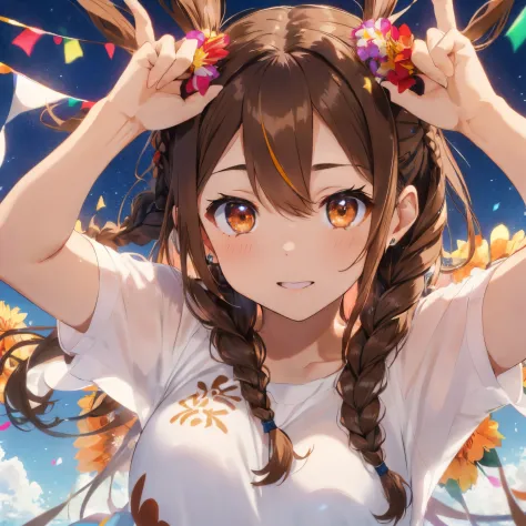 fluffy hair,((brown haired)),((twin hair braided short hair)),((brown eyes)),((hurray pose with both hands raised)),(festive moo...