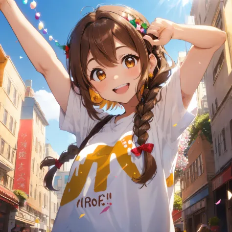 fluffy hair,((brown haired)),((twin hair braid short hair)),((Brown eyes)),((Hooray pose with both hands raised)),(Festive mood)...