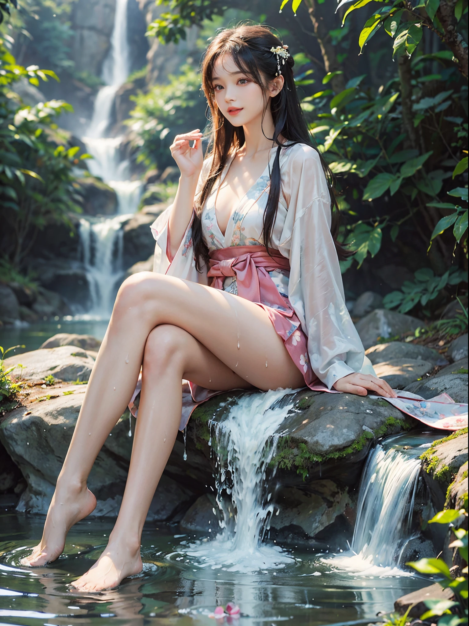 (best quality, masterpiece:1.2), ultra-detailed, (realistic:1.37), beautiful, youthful, glamorous model with (detailed eyes, detailed lips, extremely detailed eyes), hanfu, Deep v-neck, sitting under a waterfall, sitting on a rock by the river, surrounded by rocks or a temple or a bridge, in a knee shot, with white and floral colors, showcasing a radiant smile, slender figure, long legs, creating a breathtaking depiction of a girl enjoying the water,  realistic waterfalls, wet clothes and hair, radiant sunlight, lush greenery, refreshing mist
