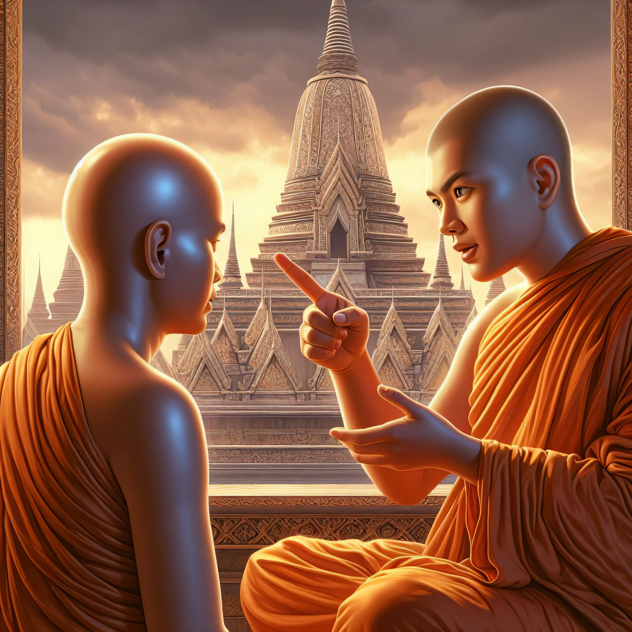 Two monks sitting on a ledge pointing at a temple - SeaArt AI