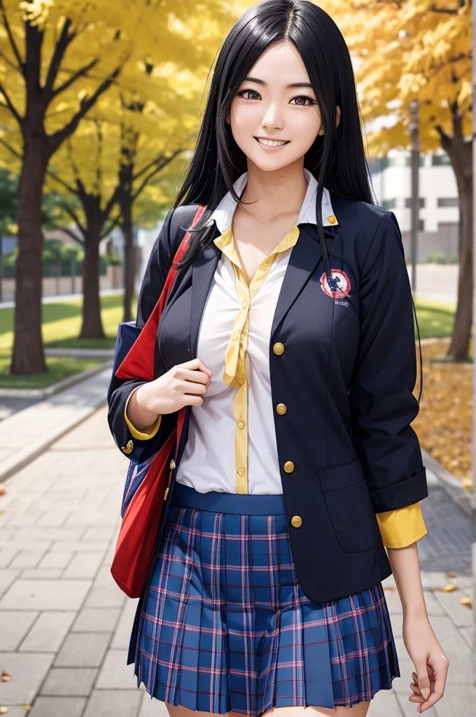 1woman, Japanese Goddess Amaterasu as a college student, Black hair, Blue school uniform with yellow accents, walking around college campus, smiling at viewer, undressing, breasts exposed, seducing viewer, high res, ultrasharp, 8K, masterpiece