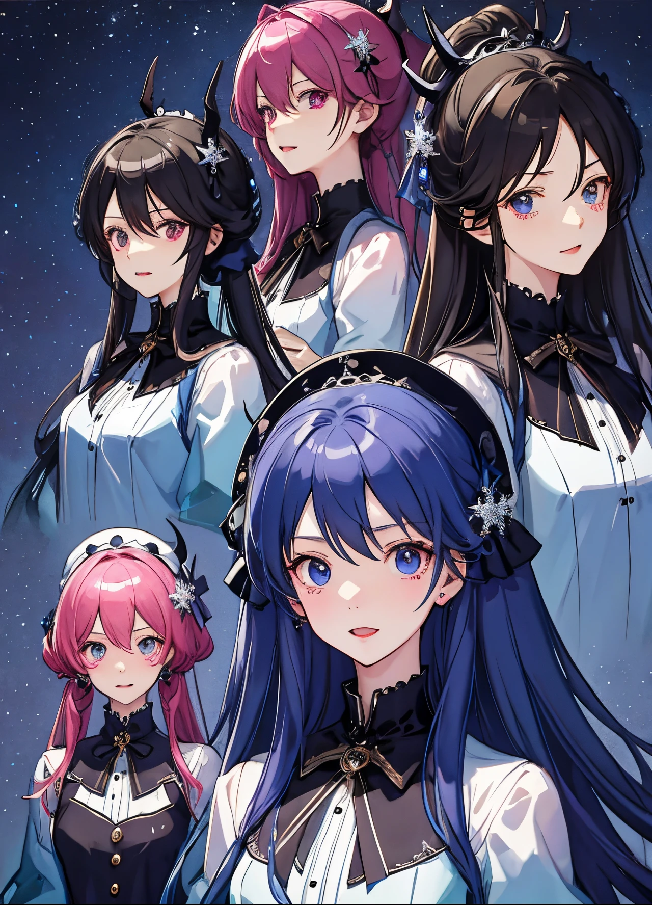 A group of anime girls with long hair and blue eyes - SeaArt AI