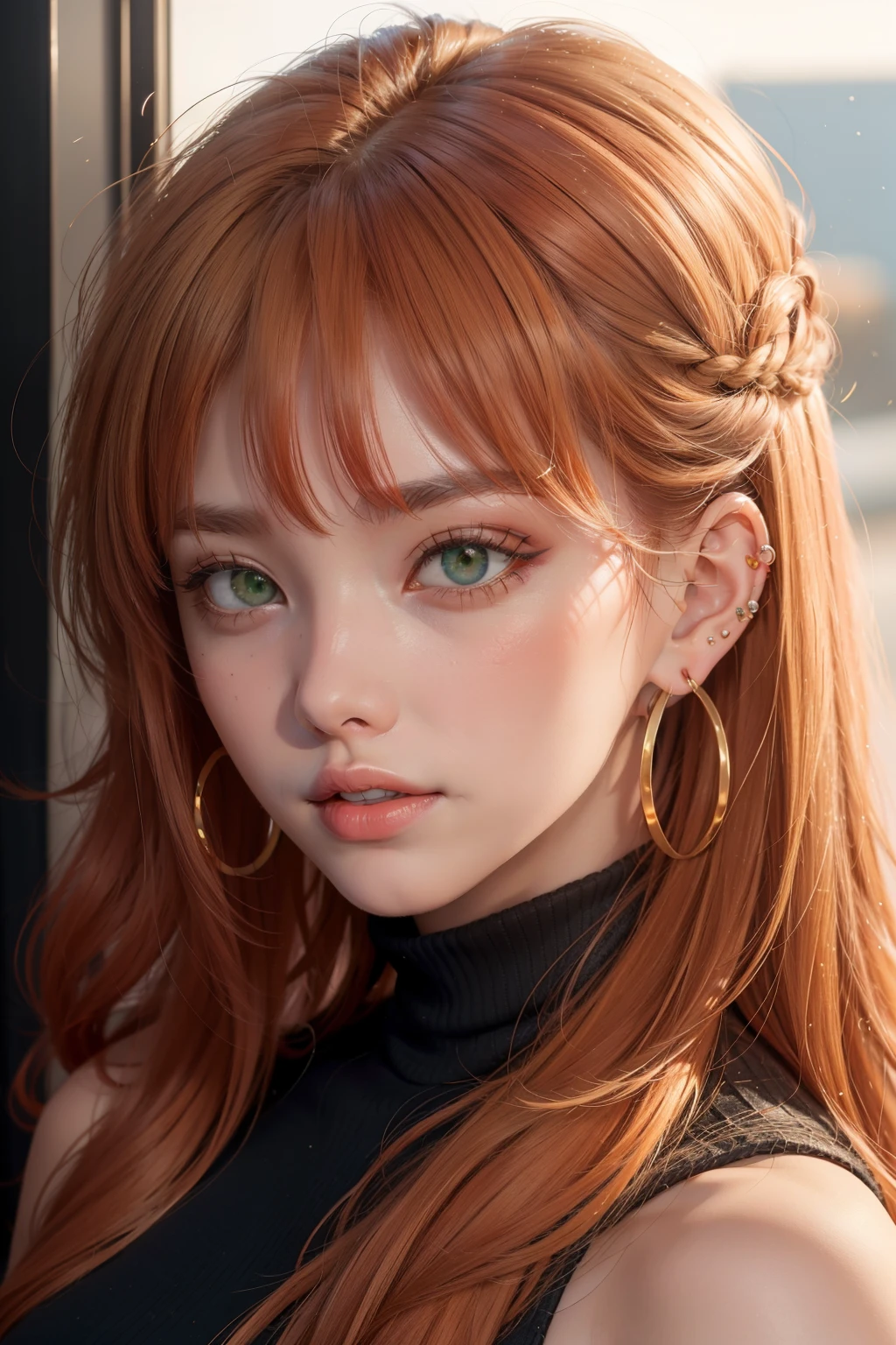 ((best quality)), ((masterpiece)), (detailed), perfect face, orange hair, green eyes, long hair, bangs, piercings