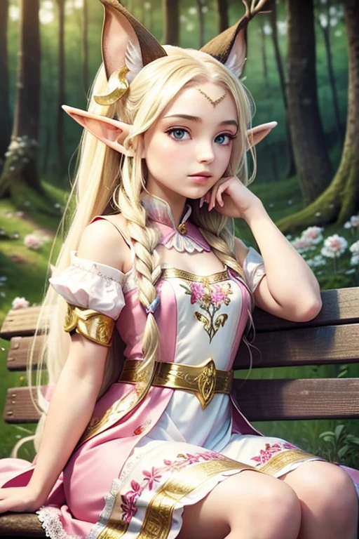 A BEAUTIFUL GIRL with long white hair, flowers in her hair, elf ears, pink dress embroidered with gold,many details, close-up, sitting in the forest on a wooden bench