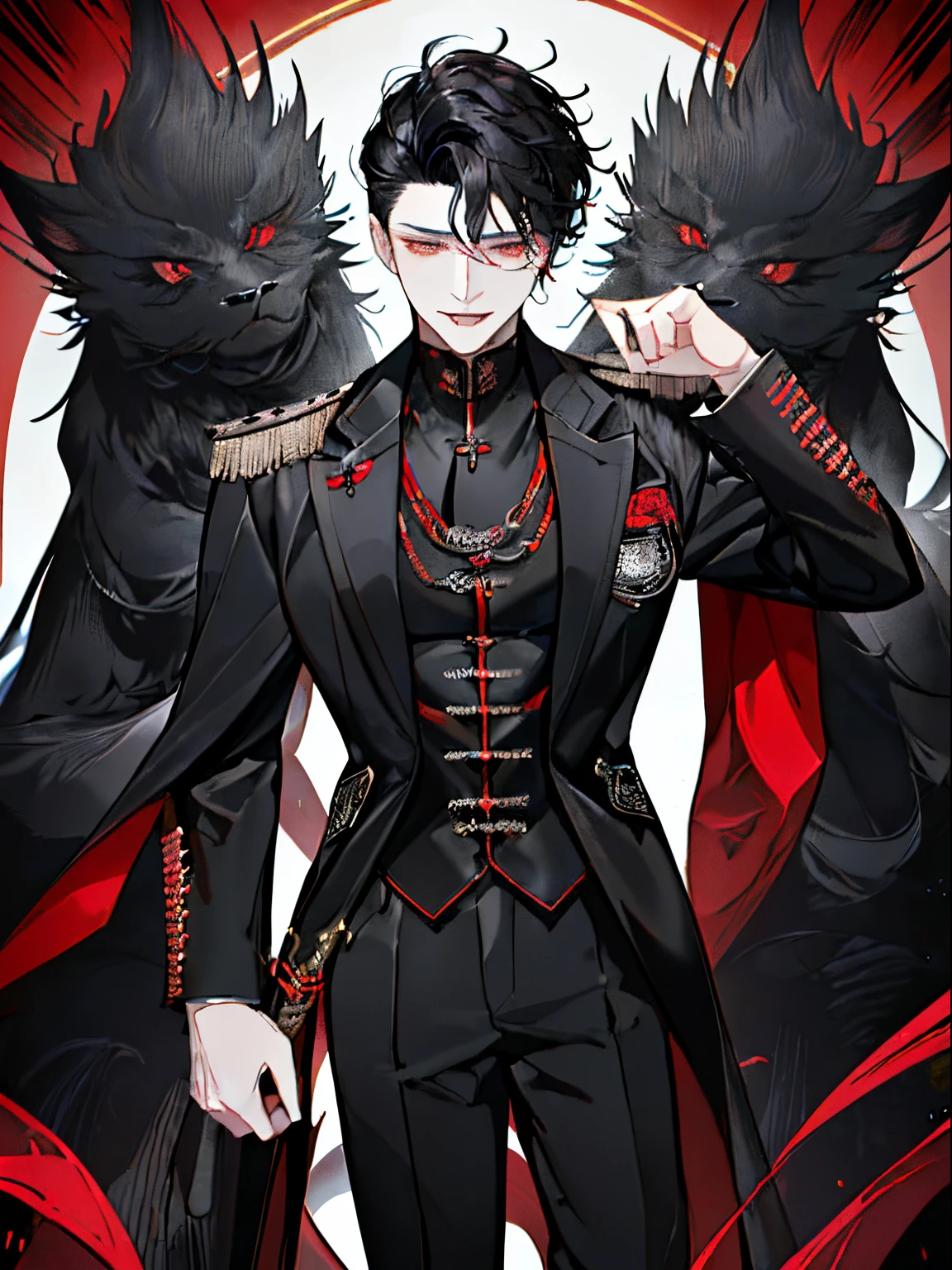 ((Black hair)),((curly fluffy hair)),((short-hair)),((pale red eyes)),(double sleeve long sleeve clothes),((())),((Black leather corset)),((Luxury and neat attire like a British gentleman)),((Feeling of fatigue and weakness)),Slight red tide,(Stare at me with your mouth open),(Vampires),((long fangs)),(Yodare),(Kamimei),(((Super close-up of the face))),((Cute mascot-like black creature)),(Extra large full moon night),((Sharp eye light)),((Snake-like eyes)),((Male in his mid-teens)),smiling slightly