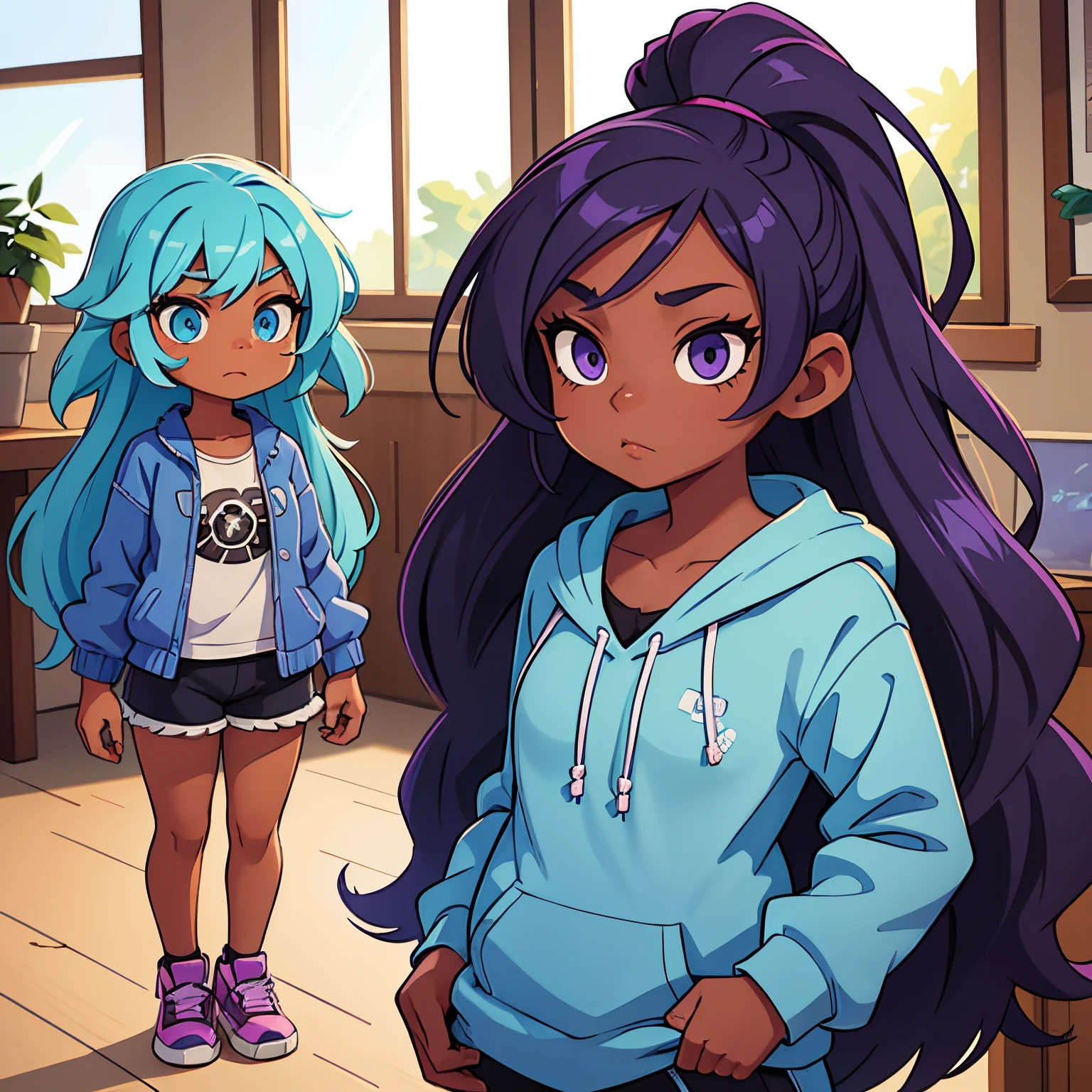 2 black girls with, long light blue hair and eyes, and purple hair and eyes,casual clothes,black skinned girls