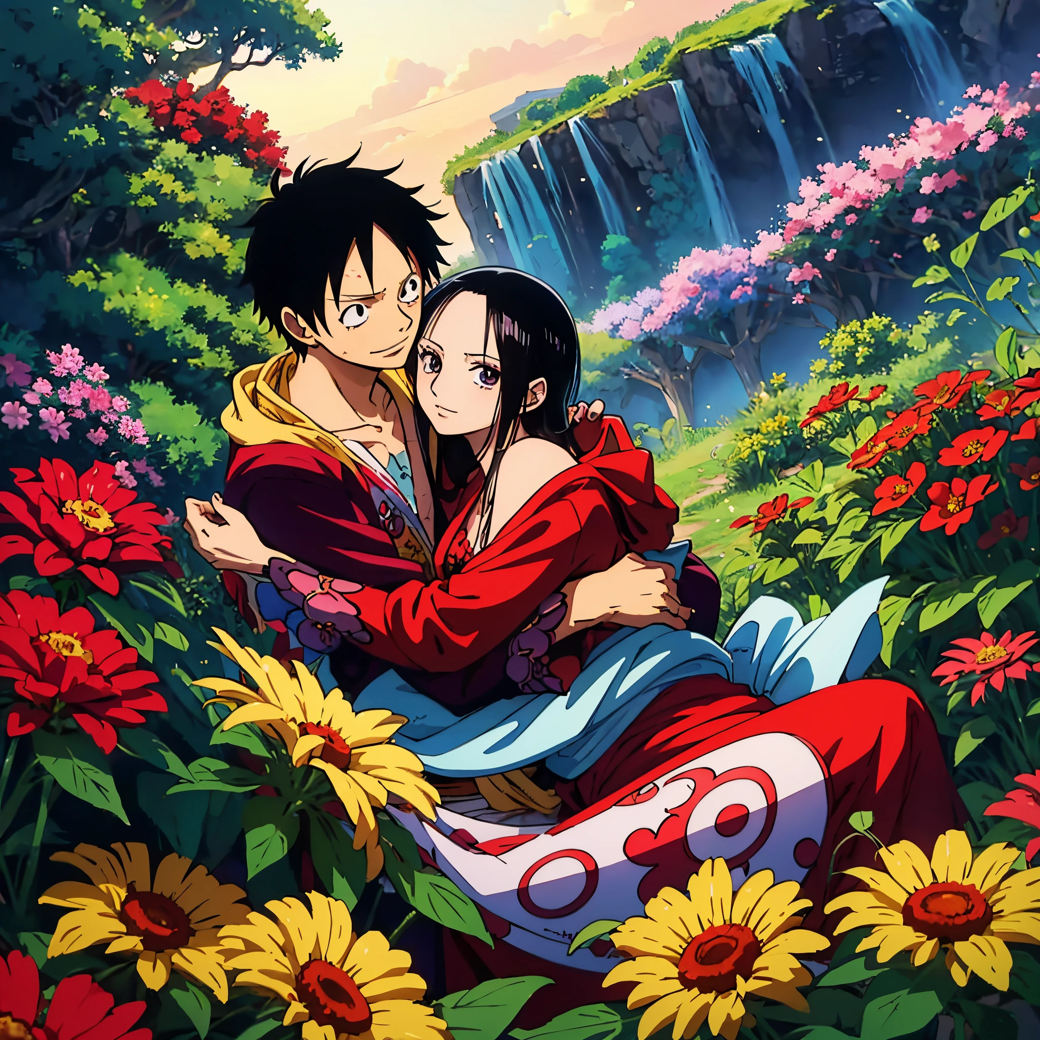 anime couple Luffy,Hancock in a field of flowers overgrown with flowers, official fanart, monkey d Luffy, boa Hancock, hugging eachother, onepiece beautiful anime art style, beautiful anime, 4 k manga wallpaper, high quality anime artstyle