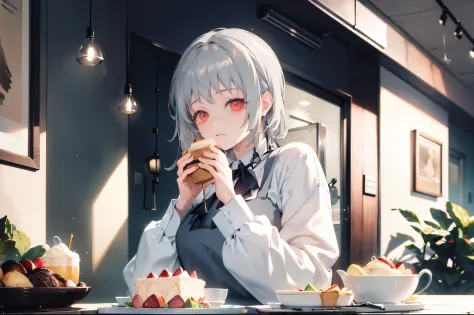 (masterpiece, top quality, best quality,official art, beautiful and aesthetic:1.2),(1girl:1.3), long gray hair, eating a lots of...