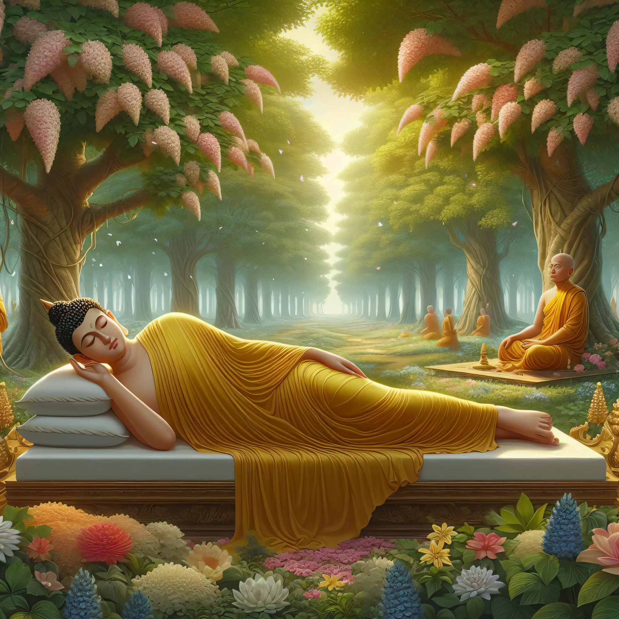 buddha laying on a bench in a forest with other buddhas, buddhism, relaxing concept art, by Alexander Kucharsky, serene illustration, on path to enlightenment, monk meditate, buddhist, the buddha, samsara, on the path to enlightenment, breathtaking art, relaxing, floating in a powerful zen state, at peace, buddhist art, resting, buddha