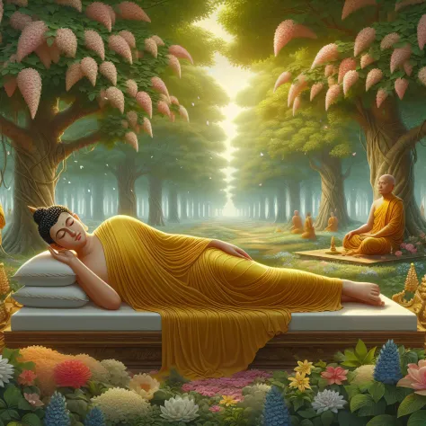 buddha laying on a bench in a forest with other buddhas, buddhism, relaxing concept art, by Alexander Kucharsky, serene illustra...