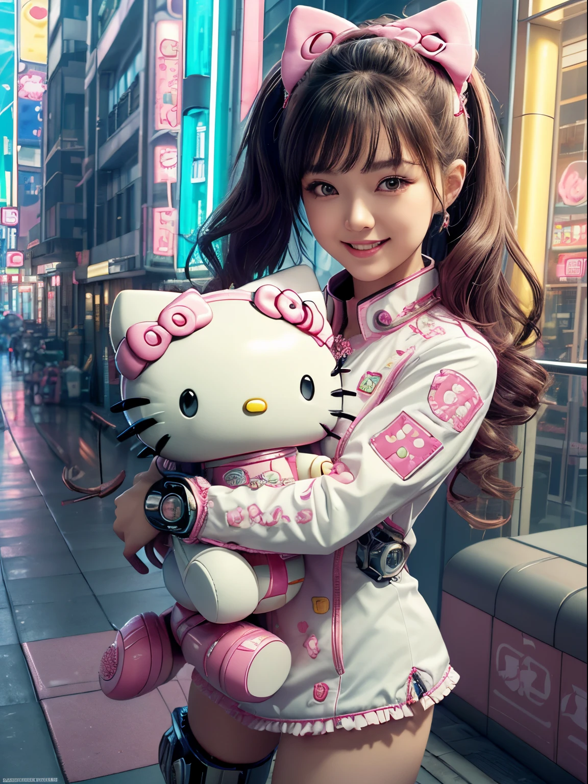 best quality, 4K wallpaper, masterpiece, extremely detailed CG unity 8k wallpaper, extremely detailed eyes, ultra-detailed, intricate details, 
1girl, scifi, (h1c4tt3ch mecha, hugging hello kitty doll, cyberpunk, neon city happy, smile, hello kitty, adorable, cute, dynamic pose