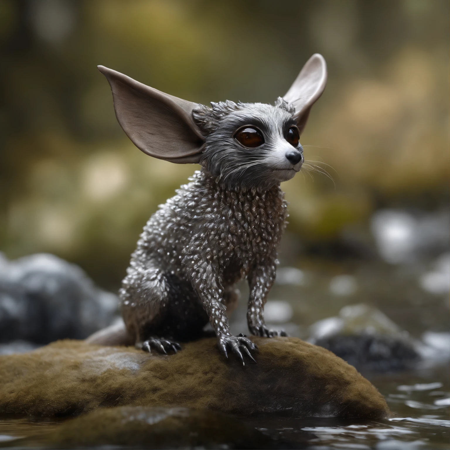 gremlin, mole-like, bright silver and brown, long tail, large ears, covered with silver wool, water, stands on the shore, Best Quality, Masterpiece, in style of dark fantasy art , acorn in paws,