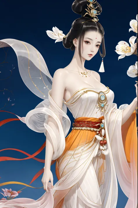 1个Giant Breast Girl，Chinese Ancient Times，entire body image，独奏，(white apparel)，Flowing tulle，light silk，hair adornments，jewely，I...