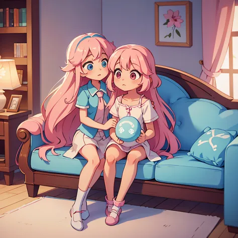 Light pink long haired girl comforting a light blue long haired girl,kawaii clothes