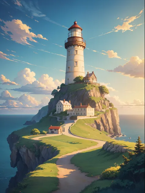 there is a painting of a lighthouse on a hill, sea cliff, ross transcenic background, studio ghibli sunlight, beautiful anime sc...