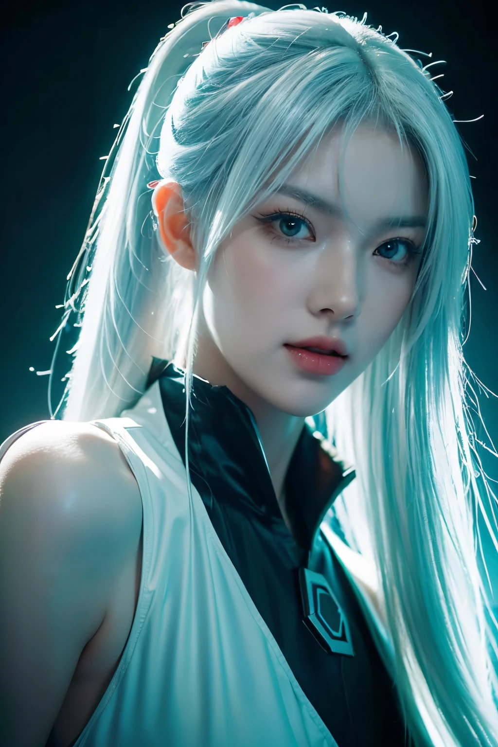 tmasterpiece,Best quality at best,A high resolution,8K,(portrait),(Close up of avatar),(RAW photogr),digital photography,Cyberpunk style scholar,20岁女孩,Long ponytail hairstyle,with long bangs,(white color hair),Red eyes,graceful and dignified,Keep your mouth shut,Serious and charming,The scholar,the rule of thirds,Sci-fi style laboratory,White room,oc render reflection texture,