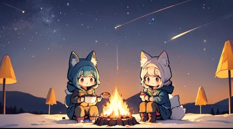 A wide range of illustrations with a simple and calm color palette, Faraway view、chibi fox girl, 『yuru camp』A work inspired by, ...