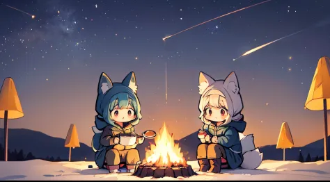 a wide range of illustrations with a simple and calm color palette, faraway view、chibi fox girl, 『yuru camp』a work inspired by, ...