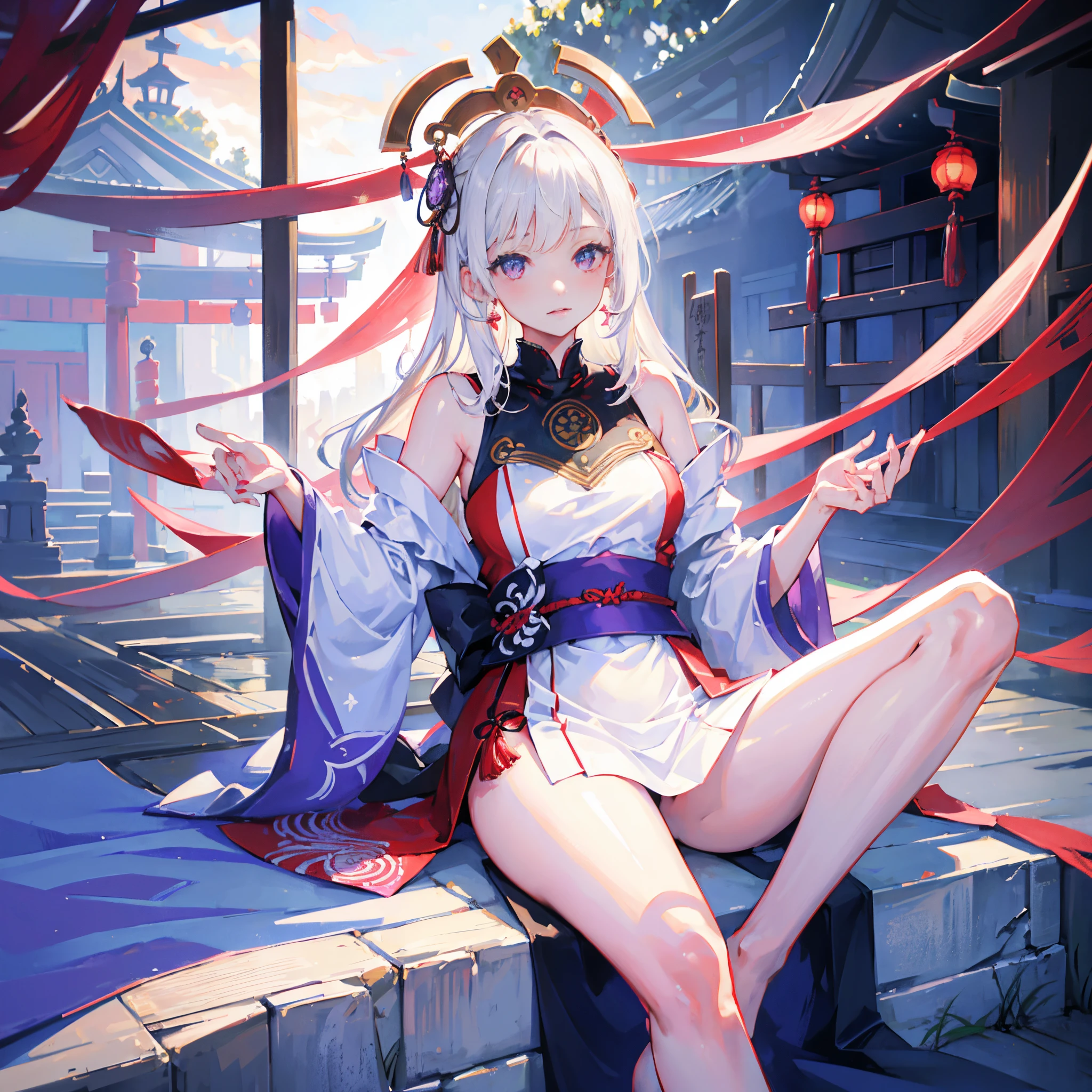 (Ultra high quality, intricate picture, 1 girl, solo), Marin_Kitagawa, white hair, medium breasts, amethyst earrings, short over the shoulders hair, red eyes, small japanese mask on head, red lips, blue nails, white off-shoulders dress, threaded dress, showy dress, sideboob, gorgeous girl, barefoot, sexy pose, cool legwear, japanese shrine in background