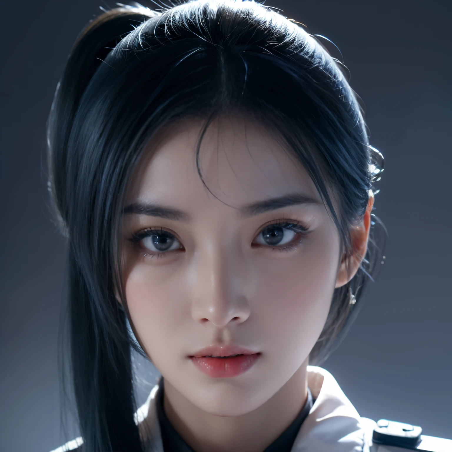 tmasterpiece,Best quality at best,A high resolution,8K,(portrait),(Close up of avatar),(RAW photogr),digital photography,Policewoman,20岁女孩,Long ponytail hairstyle,with long bangs,(Black and blue gradient hair),Red eyes,graceful and dignified,Keep your mouth shut,Serious and charming,Combat uniforms,the rule of thirds,gray street,oc render reflection texture